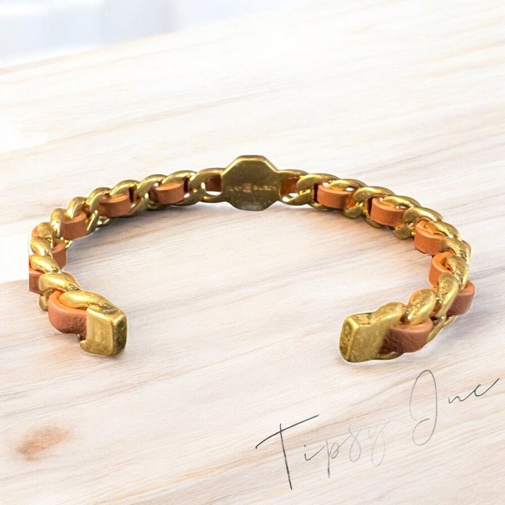 ✺ Tory Burch Marion Gold & Tan/Brown Chain Bracelet ✺ - Picture 2 of 5